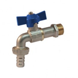 BIBCOCK, ANGLED BALL VALVE WITH HOSE UNION, 15MM, BLUE TEE HANDLE 